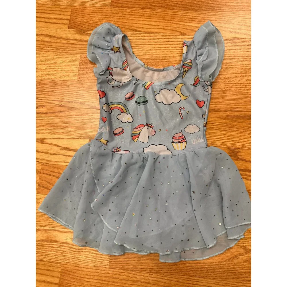 Pre-Owned Dance Leotard Dress Medium Child Blue Unicorn Rainbow Sparkle Ballet
